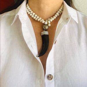 Long Beaded Howlite Necklace abd Tusk Pendant Boho Necklace